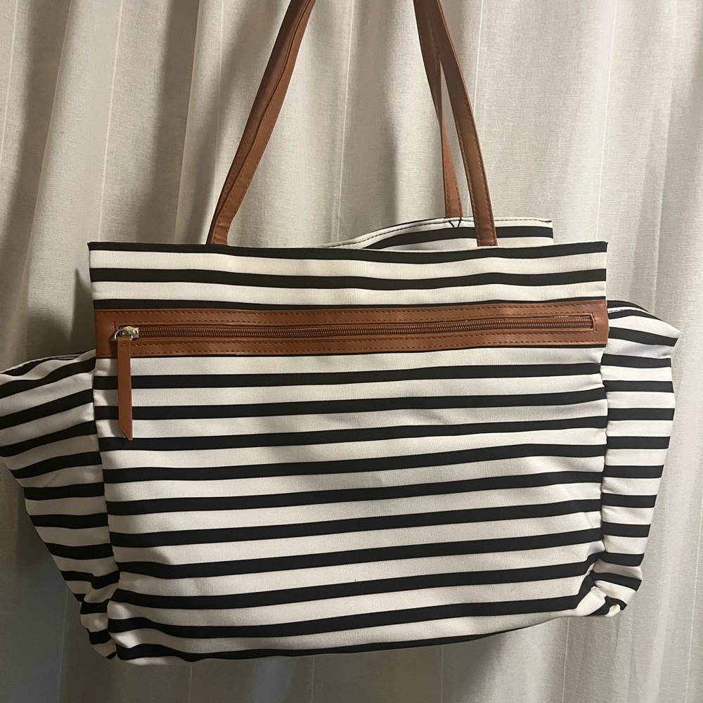DSW Black and White Striped Shoulder Bag with Brown Straps